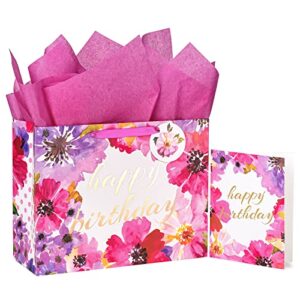 wrapaholic 13″ large gift bag with card and tissue paper – floral gold foil happy birthday