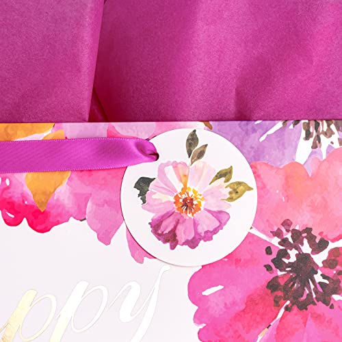 WRAPAHOLIC 13" Large Gift Bag with Card and Tissue Paper - Floral Gold Foil Happy Birthday