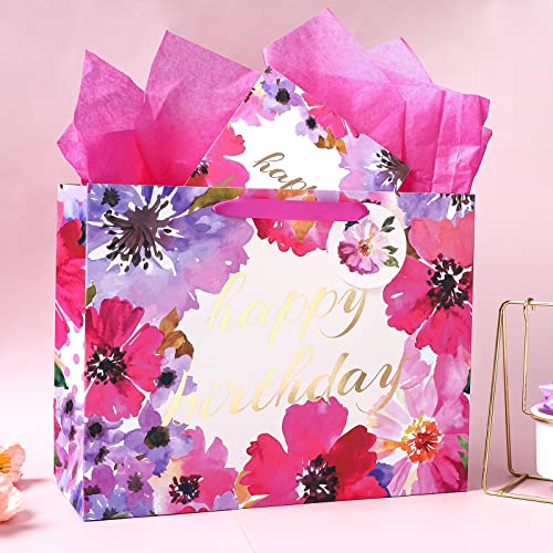 WRAPAHOLIC 13" Large Gift Bag with Card and Tissue Paper - Floral Gold Foil Happy Birthday