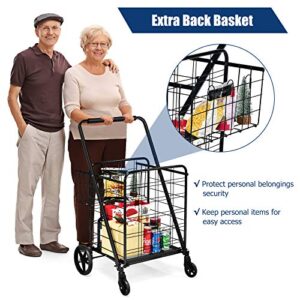 Goplus Folding Shopping Cart, Jumbo Double Basket Utility Grocery Cart 330lbs Capacity with 360° Rolling Swivel Wheels, Portable Heavy Duty Cart for Laundry Shopping Grocery