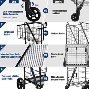 Goplus Folding Shopping Cart, Jumbo Double Basket Utility Grocery Cart 330lbs Capacity with 360° Rolling Swivel Wheels, Portable Heavy Duty Cart for Laundry Shopping Grocery