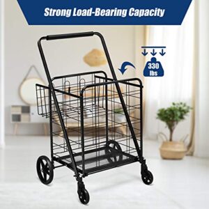 Goplus Folding Shopping Cart, Jumbo Double Basket Utility Grocery Cart 330lbs Capacity with 360° Rolling Swivel Wheels, Portable Heavy Duty Cart for Laundry Shopping Grocery