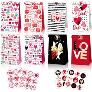 24 pcs valentines day paper gift bags, 8 assorted styles valentine treat bags + 36pcs valentine stickers for kids adult,for wrapped gifts party supplies,valentines gifts packing