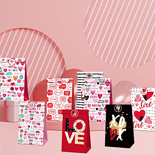 24 PCS Valentines Day Paper Gift Bags, 8 Assorted Styles Valentine Treat Bags + 36PCS Valentine Stickers for Kids Adult,for Wrapped Gifts Party Supplies,Valentines Gifts Packing