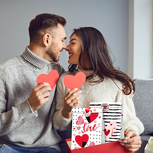 24 PCS Valentines Day Paper Gift Bags, 8 Assorted Styles Valentine Treat Bags + 36PCS Valentine Stickers for Kids Adult,for Wrapped Gifts Party Supplies,Valentines Gifts Packing
