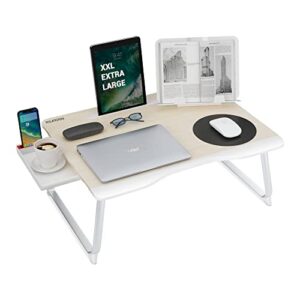 laptop bed table, nearpow xxl bed trays for eating, laptops, writing, study and drawing- laptop desk for bed, sofa and couch- folding laptop standwith portable book stand and drawer storage – wood