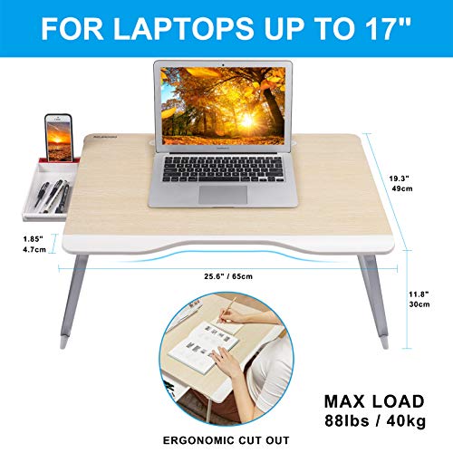 Laptop Bed Table, NEARPOW XXL Bed Trays for Eating, Laptops, Writing, Study and Drawing- Laptop Desk for Bed, Sofa and Couch- Folding Laptop Standwith Portable Book Stand and Drawer Storage - Wood