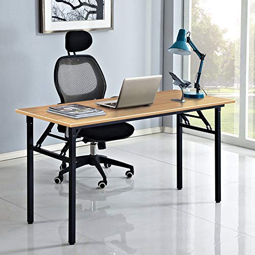 Need Computer Desk Office Desk 55 inches Folding Table Computer Table Workstation No Install Needed,Teak Black AC5BB-140X