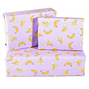 central 23 – purple gift wrap – 6 sheets of birthday wrapping paper – yellow bananas – for men women kids – recyclable