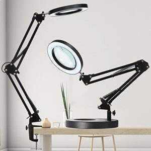 kuvrs 10x magnifying glass with light and stand, 9.06” heavy base magnifying lamp, 3 color stepless dimming, real glass lens&swing arm desktop lighted magnifying glass for crafts soldering jewellery