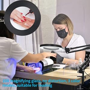 KUVRS 10X Magnifying Glass with Light and Stand, 9.06'' Heavy Base Magnifying Lamp, 3 Color Stepless Dimming, Real Glass Lens&Swing Arm Desktop Lighted Magnifying Glass for Crafts Soldering Jewellery