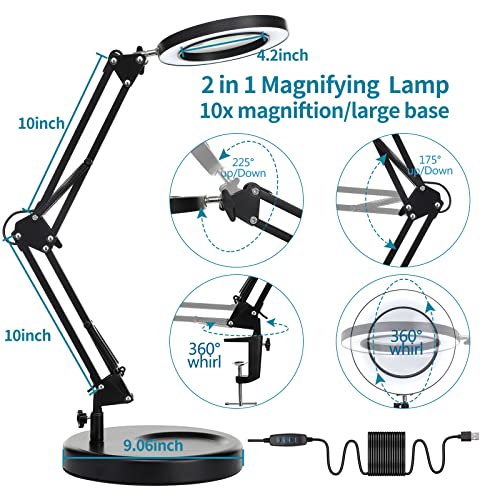 KUVRS 10X Magnifying Glass with Light and Stand, 9.06'' Heavy Base Magnifying Lamp, 3 Color Stepless Dimming, Real Glass Lens&Swing Arm Desktop Lighted Magnifying Glass for Crafts Soldering Jewellery