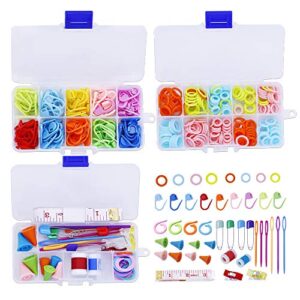 381 Pieces Stitch Ring Markers and Colorful Knitting Crochet Locking Counter Stitch Needle Clips + Weaving Tools Knitting Kits with 3 Storage Boxes