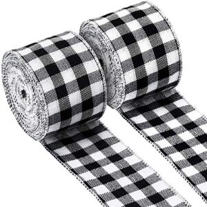 2 rolls buffalo plaid burlap wired ribbon weave ribbon with wired edge for christmas crafts floral bows craft decoration, 2.4 inches by 315 inches (black and white plaid)