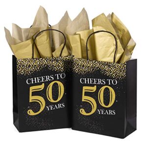 WRAPAHOLIC Medium Size Gift Bags - 12 Pack Cheers to 50 Years Black and Gold Glitter Paper Bags with Gold Tissue Paper for Birthday, Party, Anniversary, Wedding - 8" x 4" x 10"