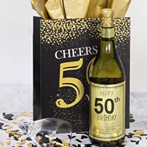 WRAPAHOLIC Medium Size Gift Bags - 12 Pack Cheers to 50 Years Black and Gold Glitter Paper Bags with Gold Tissue Paper for Birthday, Party, Anniversary, Wedding - 8" x 4" x 10"