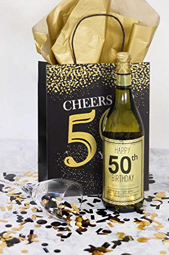 WRAPAHOLIC Medium Size Gift Bags - 12 Pack Cheers to 50 Years Black and Gold Glitter Paper Bags with Gold Tissue Paper for Birthday, Party, Anniversary, Wedding - 8" x 4" x 10"