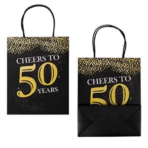 WRAPAHOLIC Medium Size Gift Bags - 12 Pack Cheers to 50 Years Black and Gold Glitter Paper Bags with Gold Tissue Paper for Birthday, Party, Anniversary, Wedding - 8" x 4" x 10"