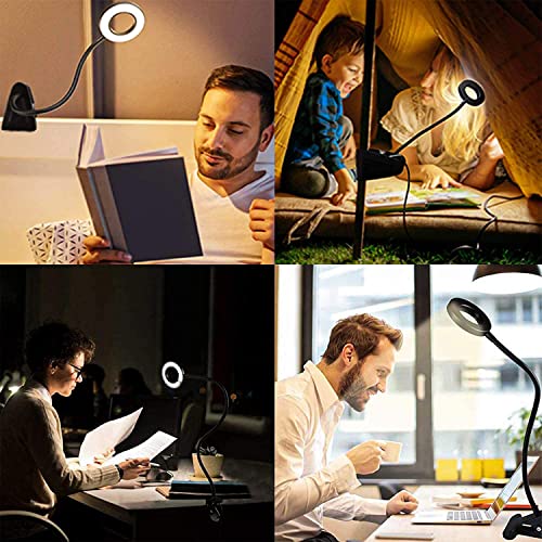 Foneso Desk Lamp Clip on Light, 48 LED USB Lamp with 3 Color Modes 10 Brightness Levels, 360° Flexible Gooseneck Eye Protection Bed Night Light for Reading, Makeup, Fill Light (Black)