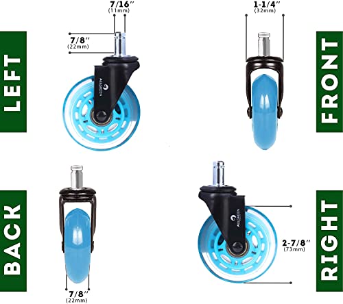 ALLGREEN Gaming Chair Wheels & Office Chair Caster Wheels 5pc Replacement Set Casters Heavy Duty Easy Installation and Universal Fit Smooth Rollerblade Swivel, Glider Safe for All Floor-Types (Blue)