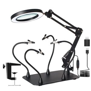10x magnifying glass with light and stand, kuvrs flexible magnetic helping hands, large base & clamp magnifying lamp, 3 color adjustable arm desk magnifying glass with light for soldering craft hobby