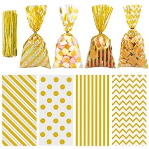 aneco 100 pack gold cellophane bags plastic candy bags gift bags goodie bags with twist ties for valentine, birthday, gift cookie snack packing party favor supplies
