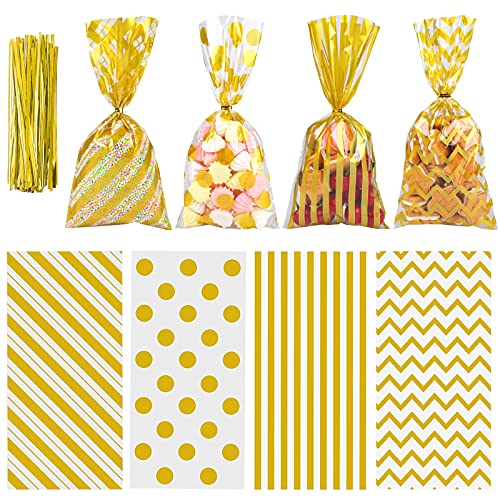 Aneco 100 Pack Gold Cellophane Bags Plastic Candy Bags Gift Bags Goodie Bags with Twist Ties for Valentine, Birthday, Gift Cookie Snack Packing Party Favor Supplies