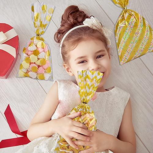 Aneco 100 Pack Gold Cellophane Bags Plastic Candy Bags Gift Bags Goodie Bags with Twist Ties for Valentine, Birthday, Gift Cookie Snack Packing Party Favor Supplies