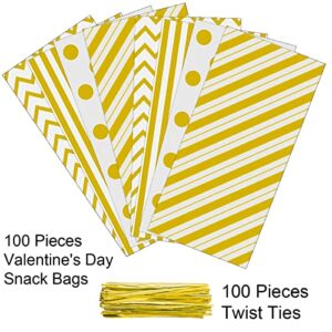 Aneco 100 Pack Gold Cellophane Bags Plastic Candy Bags Gift Bags Goodie Bags with Twist Ties for Valentine, Birthday, Gift Cookie Snack Packing Party Favor Supplies