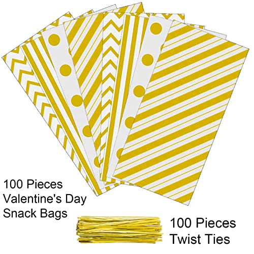 Aneco 100 Pack Gold Cellophane Bags Plastic Candy Bags Gift Bags Goodie Bags with Twist Ties for Valentine, Birthday, Gift Cookie Snack Packing Party Favor Supplies