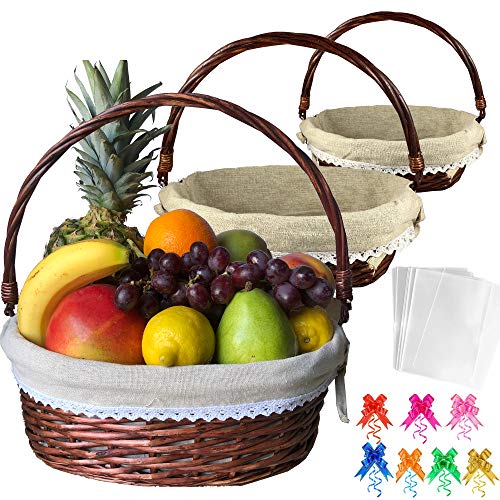 Trebisky Wicker Basket with Cello Wrap, Complete DIY Gift Set include Heat Shrink Cellophane Bags and Ribbons, Empty Basket for Wine, Picnic, Storage, Food, Easter, Christmas, Birthday (Brown 3PK)