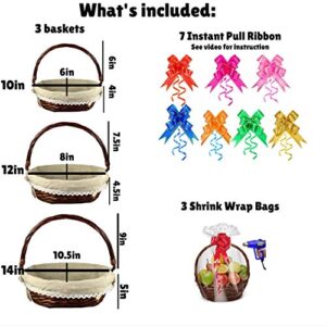 Trebisky Wicker Basket with Cello Wrap, Complete DIY Gift Set include Heat Shrink Cellophane Bags and Ribbons, Empty Basket for Wine, Picnic, Storage, Food, Easter, Christmas, Birthday (Brown 3PK)