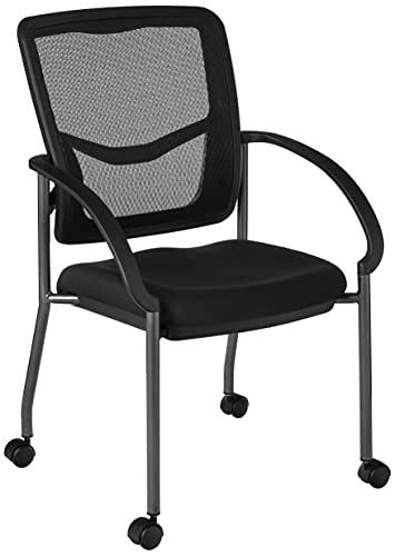 Office Star ProGrid Deluxe Stackable Visitor's Chair with Breathable Back and Padded Lumbar Support Seat, with Rolling Casters, Coal FreeFlex