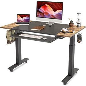fezibo dual motor height adjustable electric standing desk with keyboard tray, 48 x 24 inch sit stand table with splice board, black frame/rustic brown and black top