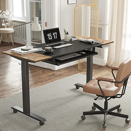 FEZIBO Dual Motor Height Adjustable Electric Standing Desk with Keyboard Tray, 48 x 24 Inch Sit Stand Table with Splice Board, Black Frame/Rustic Brown and Black Top