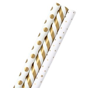 hallmark gold and white wrapping paper with cutlines on reverse (3 rolls: 105 sq. ft. ttl) for birthdays, weddings, christmas, hanukkah, graduations, engagements, bridal showers