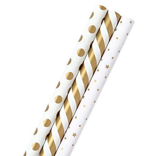 Hallmark Gold and White Wrapping Paper with Cutlines on Reverse (3 Rolls: 105 sq. ft. ttl) for Birthdays, Weddings, Christmas, Hanukkah, Graduations, Engagements, Bridal Showers