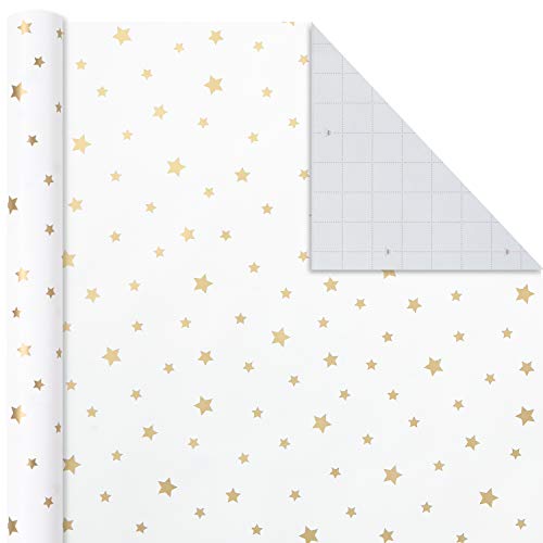 Hallmark Gold and White Wrapping Paper with Cutlines on Reverse (3 Rolls: 105 sq. ft. ttl) for Birthdays, Weddings, Christmas, Hanukkah, Graduations, Engagements, Bridal Showers