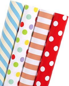 wrapaholic wrapping paper roll – stripes and polka dots print with cut lines for birthday, holiday, baby shower – 4 rolls – 30 inch x 120 inch per roll