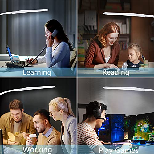 HAILOLY Desk Lamps for Home Office, White Desk Lamp with Clamp, LED Desk Lamp with USB Port,Eye-Caring Office Light Dimmable, Clamp Lamp for Desktop,Workbench