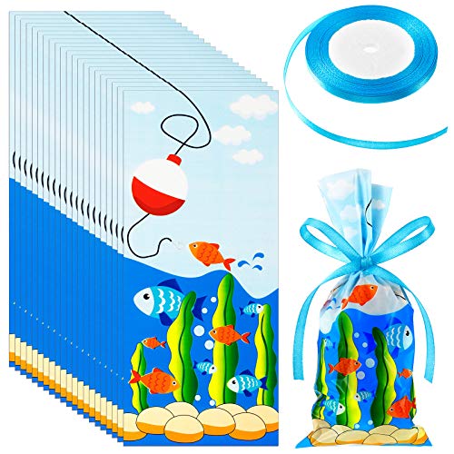 100 Pieces Fishing Party Cellophane Bags Fish Hook Seaweed Treat Bags with a Roll of Blue Ribbon for Candy Chocolate Snacks Cookies Fishing Party Decoration Supplies