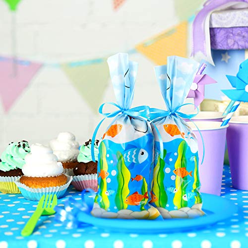 100 Pieces Fishing Party Cellophane Bags Fish Hook Seaweed Treat Bags with a Roll of Blue Ribbon for Candy Chocolate Snacks Cookies Fishing Party Decoration Supplies