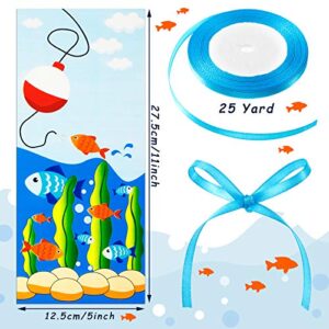 100 Pieces Fishing Party Cellophane Bags Fish Hook Seaweed Treat Bags with a Roll of Blue Ribbon for Candy Chocolate Snacks Cookies Fishing Party Decoration Supplies