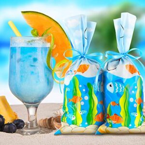 100 Pieces Fishing Party Cellophane Bags Fish Hook Seaweed Treat Bags with a Roll of Blue Ribbon for Candy Chocolate Snacks Cookies Fishing Party Decoration Supplies