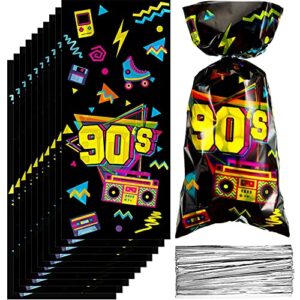 100 pieces 90s party treat bags 90s candy bags neon retro 1990s birthday cellophane plastic goodie bags with 100 silver twist ties for 90s theme party supplies