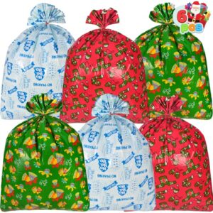 joyin 6 pieces christmas giant goody gift bags, jumbo size 43” x 36”, w/ tie & name card assortment for holiday treats, oversize xmas gifts, heavy duty party favor supplies, christmas goodie large bags