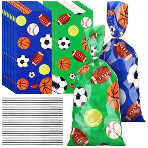 100 pieces sport party treat bags baseball cellophane bags soccer football basketball goodie bags sports treat bags with 150 pieces silver twist ties for birthday sport party favor supplies