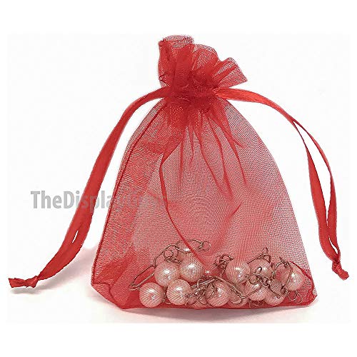 TheDisplayGuys 100-Pack 3x4 Red Sheer Organza Gift Bags with Drawstring, Jewelry Candy Treat Wedding Party Favors Mesh Pouch