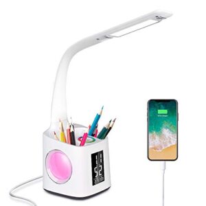 donewin led desk lamp with usb charging port&pen holder, study light with clock, kawaii desk accessories, study lamp for kids/girls/boys,desk light for office/reading, colorful night light,10w
