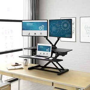 FLEXISPOT Motorized Standing Desk Converter 35" Wide Electric Stand up Desk Riser for Monitor and Laptop,Black Height Adjustable Desk for Home Office